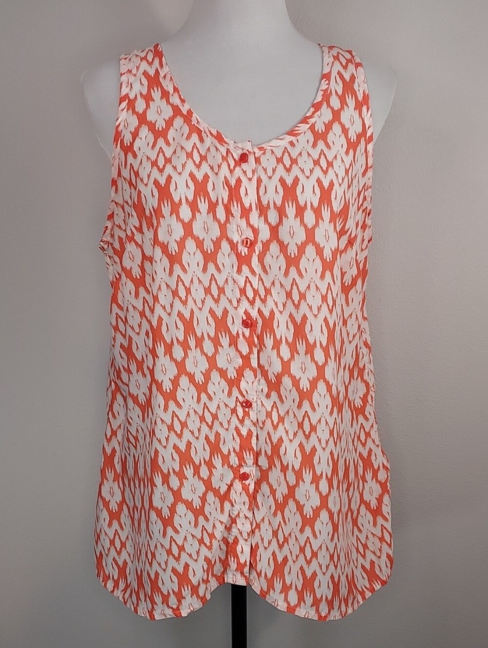 Faded Glory Orange White Sleeveless Button-Front Sleeveless Blouse Tank Size L